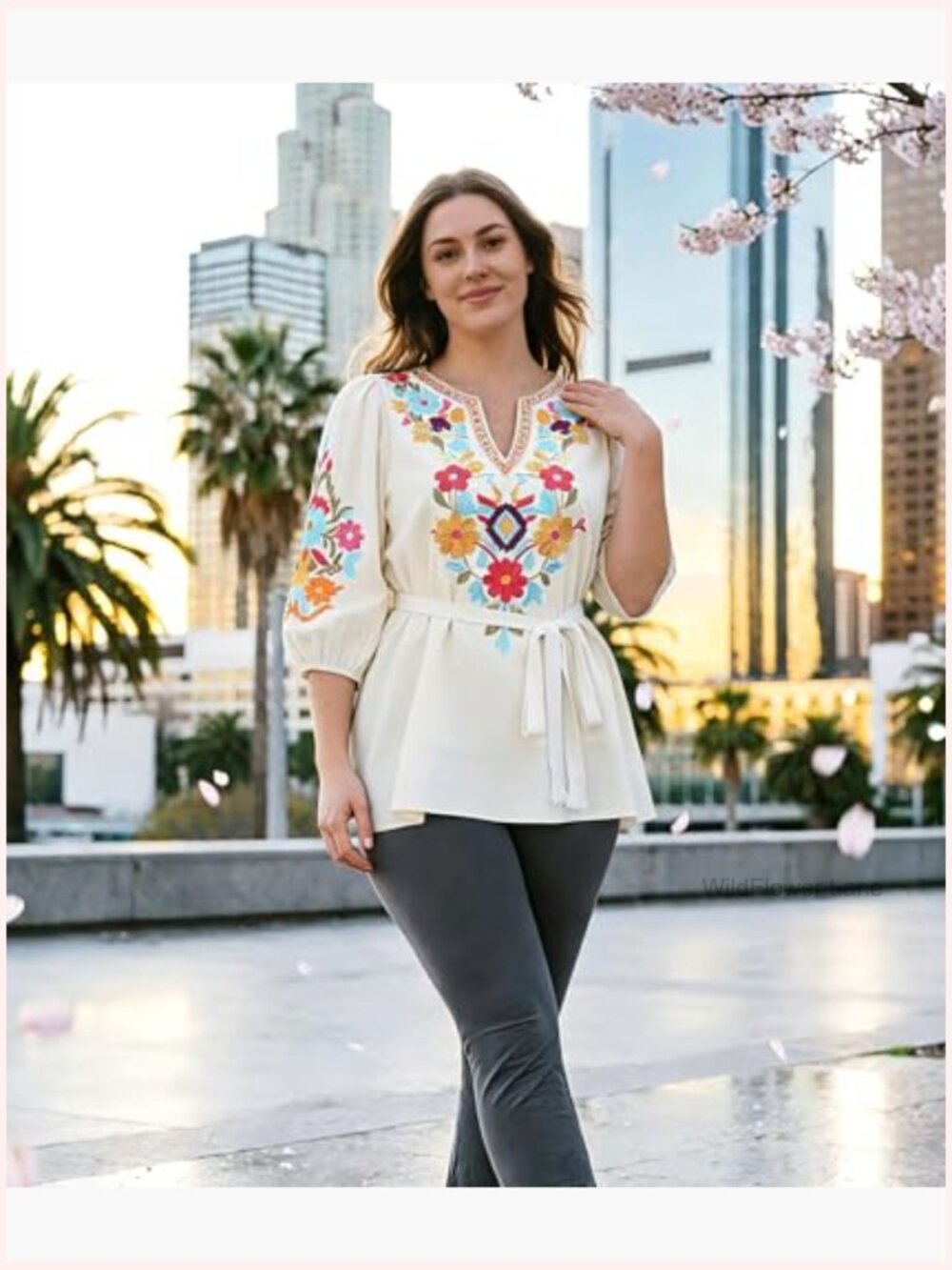 Embroidered Peasant Tunic Boho Fiesta Blouse 3/4 Sleeve V-Neck - Picture 4 of 6